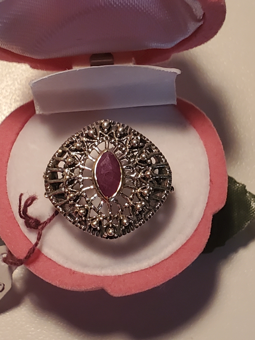 Vintage-Inspired Silver Filigree Ring with Ruby And Mosanite Stones Size 7